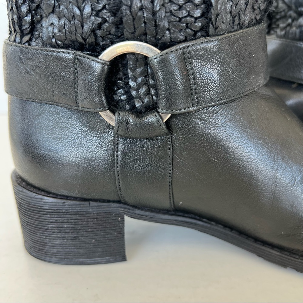 ♦️SOLD♦️STUART WEITZMAN Charcoal Black Leather Coated Knit Moto Mid Calf Boots - Picture 2 of 15